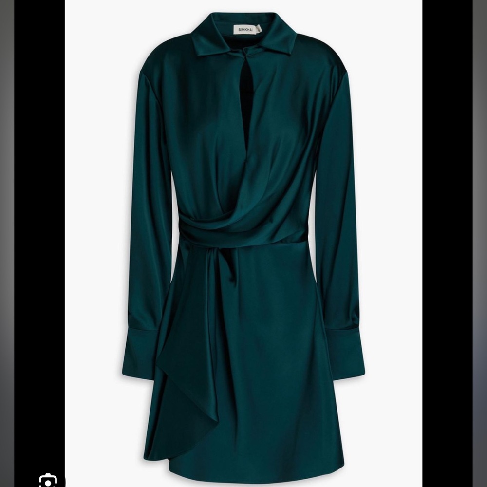 SIMKHAI Talit Long Sleeve short satin Dress emerald color